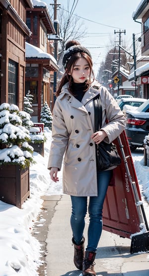 Beautiful Asain woman in a long coat, winter time, snow blowing