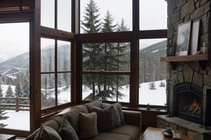 A snowy day in the mountains, a cabin in the woods, the view is from the inside looking out large windows in the living room, fireplace burning in the corner,  beautiful snow-covered pine trees surrounding the cabin