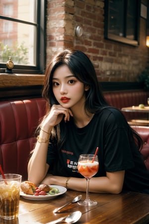 1girl, solo, long hair, looking at viewer, shirt, black hair, holding, jewelry, sitting, short sleeves, food, indoors, black eyes, bracelet, cup, lips, black shirt, window, fruit, chair, table, plate, drinking glass, realistic, spoon, fork, holding fork, restaurant