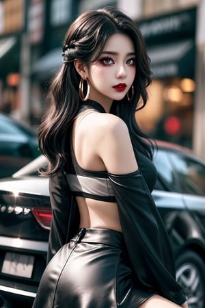 A stunningly beautiful young woman sits confidently with a slight upturn of her lips, her dark red lipstick and hoop earrings accentuating her delicate features. Her long black hair cascades down her back, while her long sleeves and miniskirt frame her toned midriff. Her big, photorealistic eyes sparkle as she looks directly at the viewer, her breasts subtly visible beneath her cropped top. A sleek car blurs into the background, allowing the girl's exquisite features to take center stage.