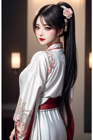 In a soft, diffused light, a stunning Korean beauty supermodel poses elegantly in a serene environment. She wears a magnificent Hanfu suit with intricate floral embroidery, perfectly customized to accentuate her toned physique. Her long, pure black hair flows down her back, partially hidden by colorful hair tails that resemble fractal art. Dark red lipstick and a light smile frame her big, expressive eyes, which seem to radiate a gentle warmth as she looks directly at the audience with slightly upturned lips. Every detail is meticulously rendered, from her fair skin with ultra-fine texture to her 4 fingers and 1 thumb, creating an incredibly photorealistic image that exudes beauty and sophistication.