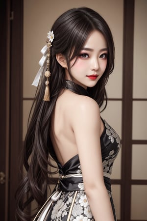 In a soft, diffused light, a stunning Korean beauty supermodel poses elegantly in a serene environment. She wears a magnificent Hanfu suit with intricate floral embroidery, perfectly customized to accentuate her toned physique. Her long, pure black hair flows down her back, partially hidden by colorful hair tails that resemble fractal art. Dark red lipstick and a light smile frame her big, expressive eyes, which seem to radiate a gentle warmth as she looks directly at the audience with slightly upturned lips. Every detail is meticulously rendered, from her fair skin with ultra-fine texture to her 4 fingers and 1 thumb, creating an incredibly photorealistic image that exudes beauty and sophistication.