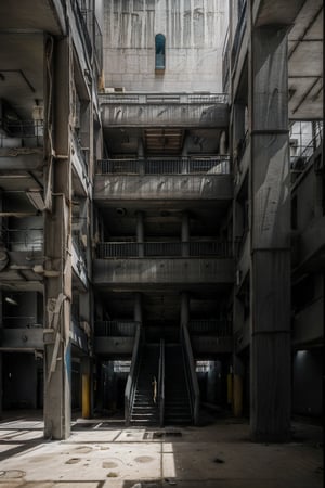 Brutalism Building with staircases and ramps, seen from the outside, in desolated environment, the air is full of dust, very gloomy atmosphere ,Hyperrealism style,nursery school