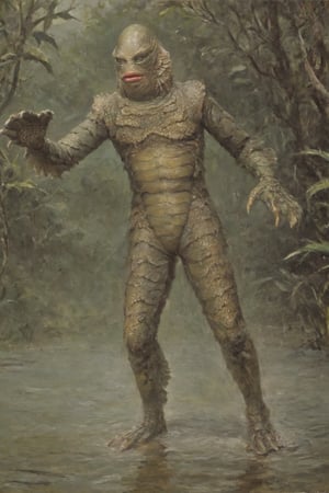 masterpiece, (((Top Quality: 1.4))) , (Art by Renato Casaro, oil paint) ((Gill_man:1.0)) (Creature from the Black Lagoon) coming out of a swamp carrying a very scared blonde girl in a bikini on his arms, full body, full torso, full legs, full feet, (oil paint:1.0) classic movie poster, Beautiful conceptual illustration,  (illustration),  (extremely fine and detailed),  (Perfect details),Gill_man,painting,Luis Royo,VintageMagStyle