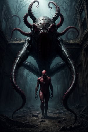 masterpiece, ultra photoreal, cinematic shading Lovecraftian monster with tentacles standing in an abandoned, old, deteriorating mansion with lots of spiderwebs, eerie atmosphere, scary atmosphere, gloomy, hyper-detailed, photorealistic 