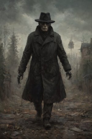 parameters: hyper-detailed, photorealistic, ultra photoreal, cinematic shading, sinister, old, very ugly, man in a black trenchcoat wearing a black hat and black sunglasses, full body, full legs, ((with robot hands:1.2)), very gloomy atmosphere,stalker