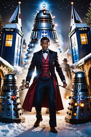 Young Ncuti Gatwa as Doctor Who fighting Daleks which wear christmas outfits at night, The image must have 8k resolution and high level of detail, (full body), Film still,WEARING HAUTE_COUTURE DESIGNER DRESS,Movie Still,ChristmasVillage