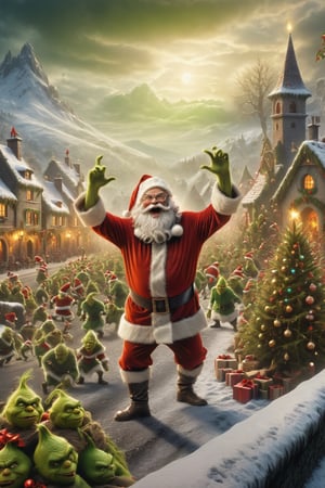 masterpiece, Santa Claus fighting evil Grinches, jolly Christmassy landscape, EpicArt, High resolution rendering in 4K, detailed face,fantasy00d