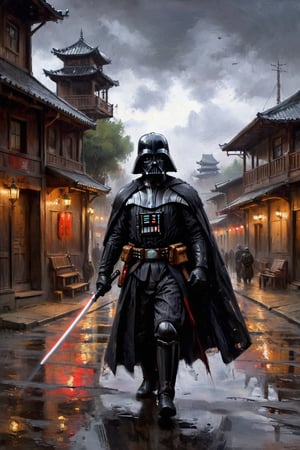 parameters: hyper-detailed, photorealistic, ultra photoreal, cinematic shading, Darth Vader in a Samurai costume holding a katana, walking down the street of an old western town, very gloomy atmosphere,stalker,oil painting