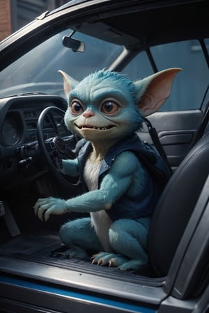 hyper-detailed, photorealistic, ultra photoreal, cinematic shading, A Gremlin sits inside a Delorean (shown from the side) with open doors, full car, blue tinted, more detail XL,