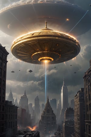 A golden UFO hovering overe New York, destroing a skyskraper with lasers, lots of explosions and debris, gloomy sky