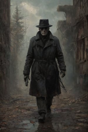 parameters: hyper-detailed, photorealistic, ultra photoreal, cinematic shading, sinister, old, very ugly, man in a black trenchcoat wearing a black hat and black sunglasses, full body, full legs, ((with robot hands:1.2)), very gloomy atmosphere,stalker