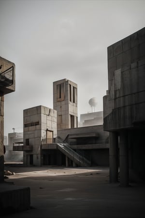 A desert kind of landscape, with a Brutalism Building with staircases and ramps, the air is full of dust, very gloomy atmosphere, scary atmosphere