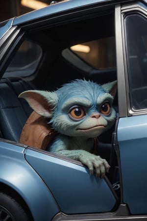 hyper-detailed, photorealistic, ultra photoreal, cinematic shading, A Gremlin sits inside a Delorean (full car shown from the side) with open doors, blue tinted, more detail XL,