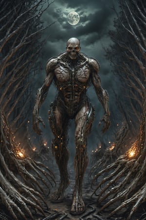 masterpiece, detailed image of a Thing like creature consisting of randomly stitched together human body parts, with cybernetic implants,  tentacles attacking it, full moon, full body, full legs, full feet, gloomy atmosphere, decay, forest,monster,  Zombie,HellAI,fire,skull