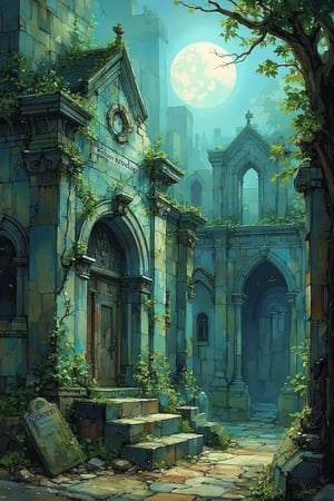 a haunted Necropolis, where the buildings look like huge tombstones, human shaped figures stumbling on the dusty streets, the air is slightly foggy, an eerie, depressing, scary atmosphere. The stone is cracked and moss-covered, with intricate carvings of vines and a fading inscription. Soft, golden light from a low-hanging moon casts long shadows, enhancing the eerie, melancholic atmosphere. The scene is framed with a shallow depth of field, focusing on the tombstone while the background blurs into a sea of dark, gnarled trees. The color grading is cool and desaturated, with a slight blue tint, evoking a sense of solitude and timelessness, reminiscent of David Lynch's cinematographic style. Film grain adds texture, and a faint mist hangs in the air, creating an otherworldly, haunting ambiance.,Watercolor architecture