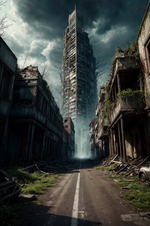 best quality, extremely detailed, 4k, wide shot, After humanity has gone, big city in ruins, overgrown by lots of green plants, streets full of rusty cars, eerie, gloomy, scary atmophere, HellAI, LegendDarkFantasy