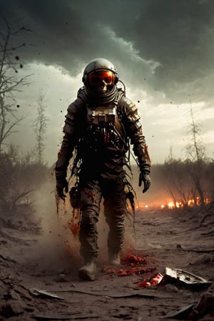 Zombiefied Astronaut, the decayed skull is visible through the shattered visor, ripped space suit, blood on space suit, on an alienated, dessert like planet, gloomy atmosphere ,HellAI,Epicrealism,photo r3al,stalker,fire