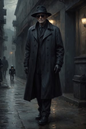 parameters: hyper-detailed, photorealistic, ultra photoreal, cinematic shading, sinister, old, very ugly, man in a black trenchcoat wearing a black hat and black sunglasses, full body, full legs, ((with robot hands:1.2)), very gloomy atmosphere,stalker