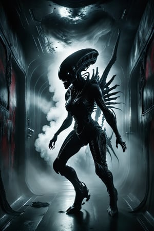 Cinematographic, masterpiece, ((the alien queen from the movie ALIEN:1.2)) stalking the dark, smoke filled corridors of an abandoned space ship, red energency lighting, scary atmosphere 