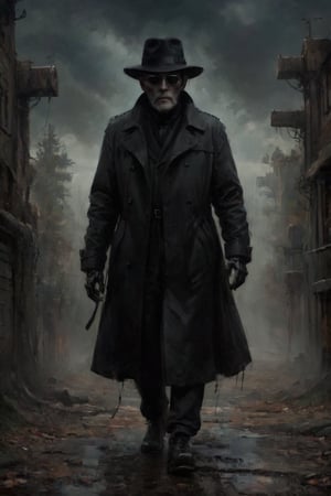 parameters: hyper-detailed, photorealistic, ultra photoreal, cinematic shading, sinister, old, very ugly, man in a black trenchcoat wearing a black hat and black sunglasses, full body, full legs, ((with robot hands:1.2)), very gloomy atmosphere,stalker