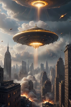 hyper-detailed,  photorealistic, ultra photoreal, cinematic shading, a golden UFO hovering overe New York, destroying a skyskraper with lasers, (lots of explosions and debris:1.2), gloomy sky