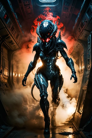 Cinematographic, masterpiece, ((the alien queen from the movie ALIEN:1.2)) stalking the dark, smoke filled corridors of an abandoned space ship, red energency lighting, scary atmosphere 