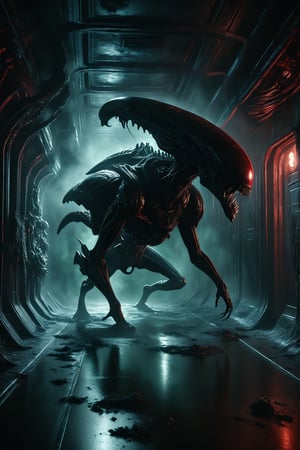 Cinematographic, masterpiece, ((the alien queen from the movie ALIEN:1.2)) stalking the dark, smoke filled corridors of an abandoned space ship with slime covered walls, red energency lighting, scary atmosphere 