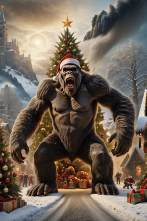 masterpiece, king kong wearing a santa claus hat demolishing a giant christmas tree, EpicArt, High resolution rendering in 4K, detailed face,fantasy00d,monster,ChristmasVillage