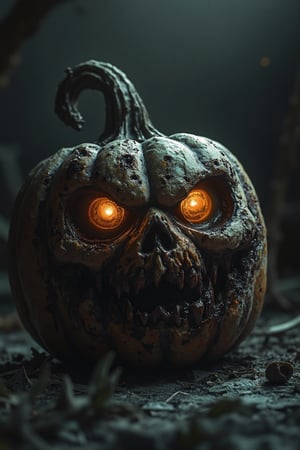 A zombified Halloween Pumpkin, glowing eyes, eerie atmosphere. The lighting is dim and shadowy, creepy shadows. The composition emphasizes the decay and the haunted setting, creating a sense of dread and foreboding.