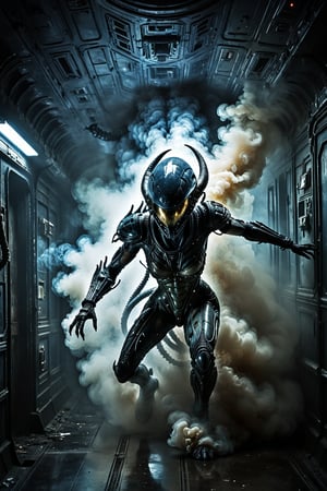 Cinematographic, masterpiece, the alien queen from the movie ALIEN stalking the dark, smoke filled corridors of an abandoned space ship, scary atmosphere 