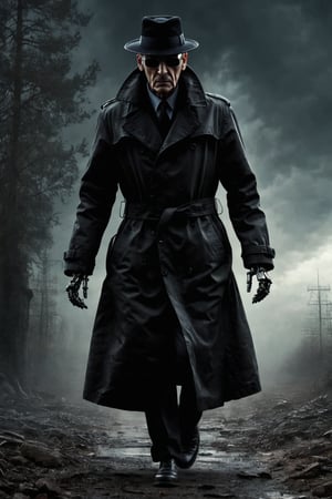 parameters: hyper-detailed, photorealistic, ultra photoreal, cinematic shading, sinister, old, very ugly, man in a black trenchcoat wearing a black hat and black sunglasses, full body, full legs, ((with robot hands:1.2)), very gloomy atmosphere,stalker