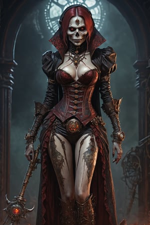 (Very detailed 8K wallpaper), A masterfully detailed portrait of an undead sinister female necromancer absolute full body and legs and feet, their face partially rotten, the eyes glowing red. The artwork is rendered in a highly detailed and dramatic steampunk fantasy style, 