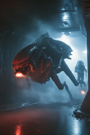 Cinematographic, masterpiece, ((the alien queen from the movie ALIEN:1.2)) stalking the dark, smoke filled corridors of an abandoned space ship with slime covered walls, red energency lighting, scary atmosphere 