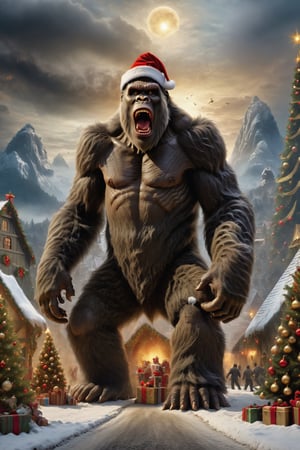 masterpiece, king kong wearing a santa claus hat demolishing a giant christmas tree, EpicArt, High resolution rendering in 4K, detailed face,fantasy00d,monster,ChristmasVillage