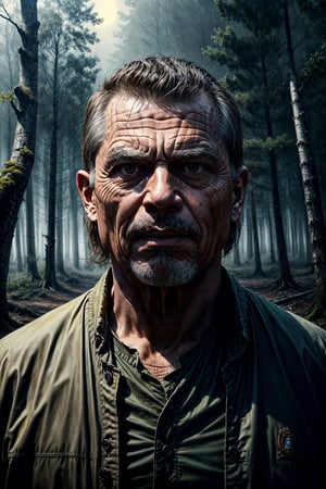 masterpiece, Charles Bronson, in a forest at night, eerie atmosphere, scary atmosphere, gloomy, hyper-detailed, photorealistic  