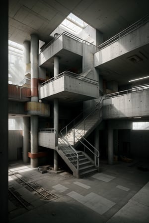 Brutalism Building with staircases and ramps, in desolated environment, the air is full of dust, very gloomy atmosphere ,Hyperrealism style,nursery school