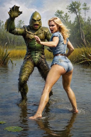 gill-man attack blonde Ukrainian woman, she freaks out and fights, dramatic angles and poses, perfect female anatomy, realistic, detailed, action movie poster style, surreal, swamp lagoon, mood colors, masterpiece, Gill_man, pencil sketch,painting