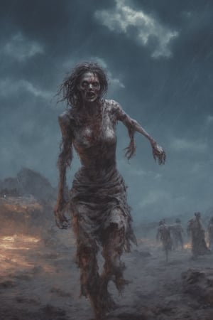 hyper-detailed, photorealistic, ultra photoreal, cinematic shading, female zombie (out of a classic Lucio Fulci zombie movie), ripped cloth, bloody wounds on body, walking through a desolated Caribbean island village, stormy night sky, illuminated by full moon, scary atmosphere, blue tinted, more detail XL,HellAI,photo r3al,DonMD3m0nXL ,fire