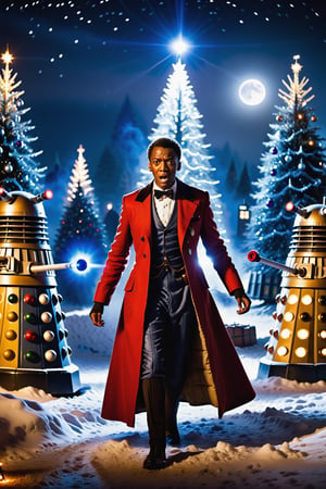 Young Ncuti Gatwa as Doctor Who fighting Daleks which wear christmas outfits at night, The image must have 8k resolution and high level of detail, (full body), Film still,WEARING HAUTE_COUTURE DESIGNER DRESS,Movie Still,ChristmasVillage