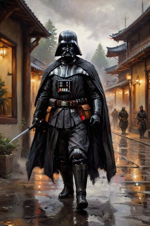 parameters: hyper-detailed, photorealistic, ultra photoreal, cinematic shading, Darth Vader in a Samurai costume walking down the street of a western town, very gloomy atmosphere,stalker,oil painting