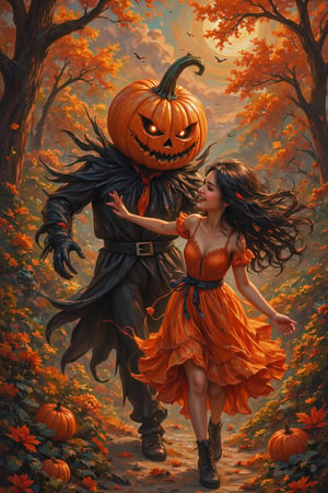 Stunning painting illustration by ZloyOrk. An evil pumpkinman chasing beautiful Laughing women (woman with black hair and orange dress), halloween atmosphere, autumn background.