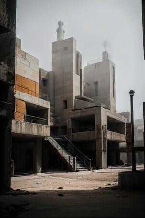 A desert kind of landscape, with a Brutalism Building with staircases and ramps, the air is full of dust, foggy, very gloomy atmosphere, scary atmosphere