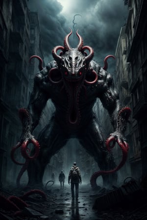 masterpiece, ultra photoreal, cinematic shading Lovecraftian monster with tentacles standing in an apocalyptic cityscape surrounded by several human shapes, eerie atmosphere, scary atmosphere, gloomy, hyper-detailed, photorealistic  