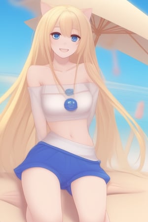 nekomimi , very_long_hair, yellow_hair, blue_eyes, smiling, beach,<lora:659095807385103906:1.0>