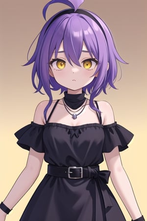 purple hair, ponytail, ahoge, yellow_eye, black hairband, black_dress, necklace, furina,black straps,red_belt,<lora:659111690174031528:1.0>