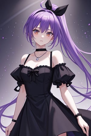 purple hair,single_ponytail,long_ponytail, ahoge, yellow_eye, black hairband, black_dress, necklace,no choker,black straps,<lora:659111690174031528:1.0>