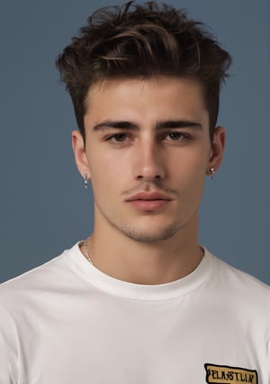 A handsome italian man, 19 years old, rebellious, very short hair, punk, defined jawline, wearing tight graphic tee, piercing, jewelry, crooked nose, scruffy face, thin, european, retro, 90s, photography, male model, son of the mafia, seductive pose

8k, HQ, photorealistic, realistic, cinema verite, film still, ((perfect anatomy): 1.5), best resolution, maximum quality, UHD, life with detail, very dramatic, very realistic