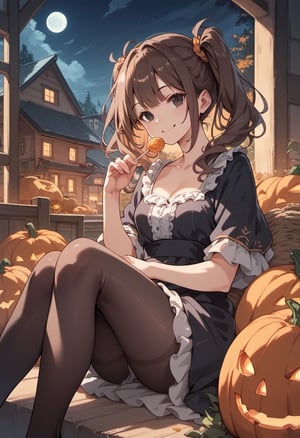 score_9, score_8_up, score_7_up, score_6_up, score_5_up, score_4_up, 1girl, 18 years old, brown hair, black eyes, twintails, smile, sitting, on pumpkin, witch, eating candy, in front of house