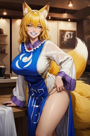 Yakumo Ran, yellow hair, long hair, , yellow eyes, pale skin,, skinny waist:1.3, fox ears, animal ears,
 giant breasts:1.3,, huge hip, looking at the viewer, , detailed face:1.2, detailed eyes:1.2, detailed background,
 she meets you near a japanese style caffe after rain, her job is to hit your fancy,
seducing, happy, 
pov, happy grin, presenting herself,  , sexual tension, lustful grin, tabard, white dress, fox tail,
wide sleeves, long sleeves,
socks